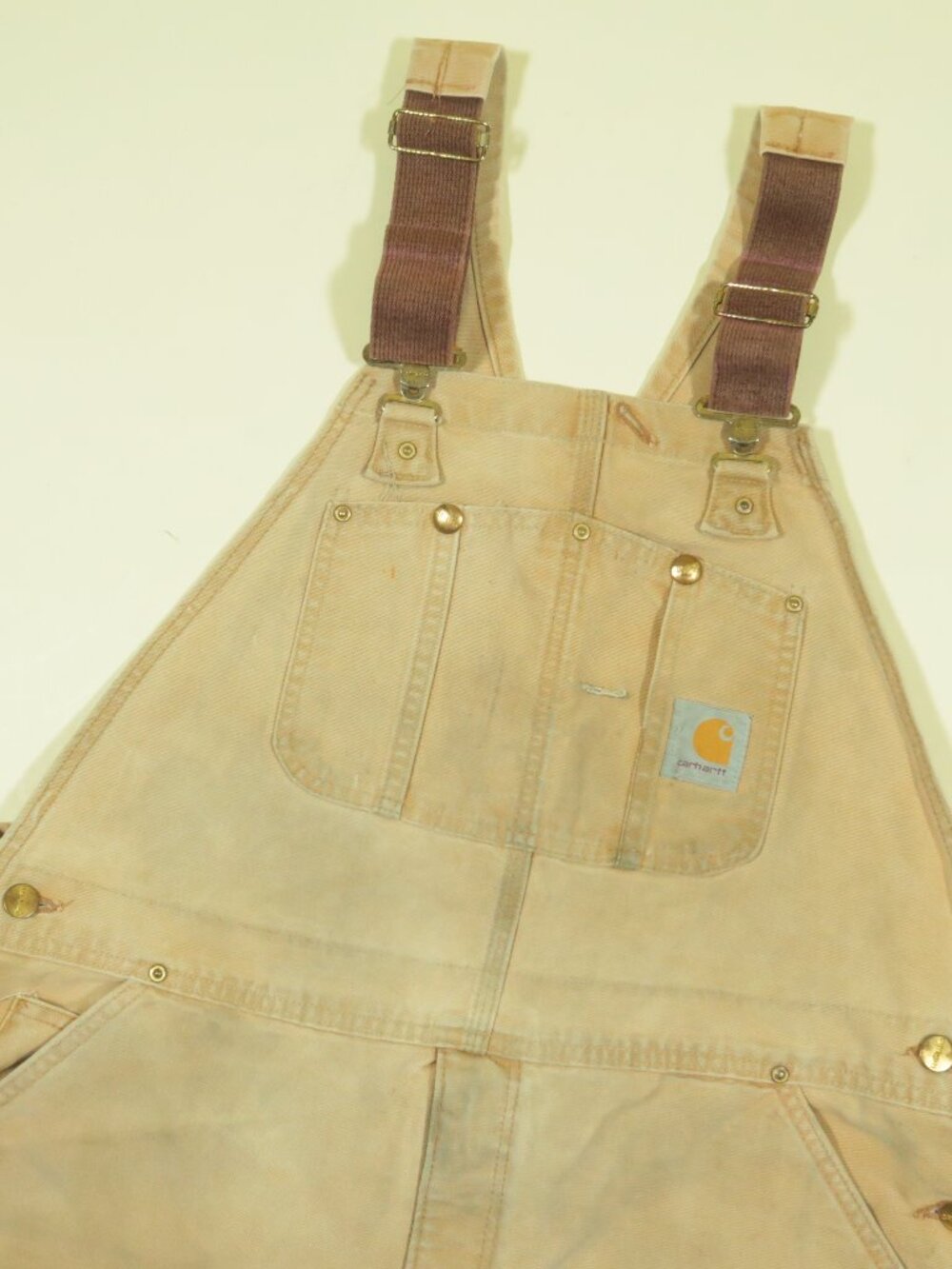 Vintage 90s Carhartt Insulated Bib Overalls Mens 40 Tan Quilted Red Lining Worn